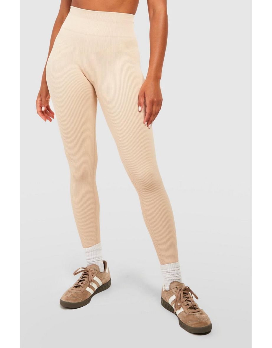 Premium Power Ribbed Seamless Leggings - beige - 3