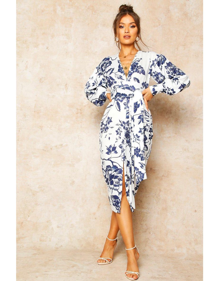 Floral Print Plunge Tie Waist Midi Dress - blue