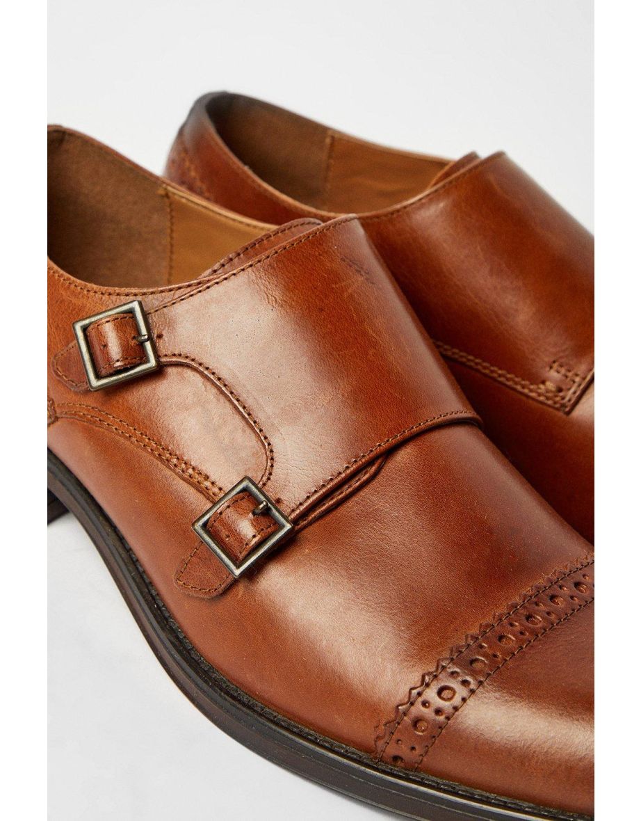 Tan Formal Leather Monk strap Brogue Shoe - 2