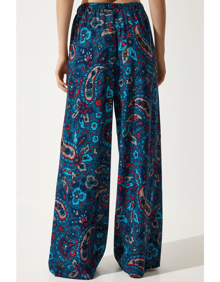 Women's Dark Cobalt Blue High Waist Summer Wide Viscose Pants - 4