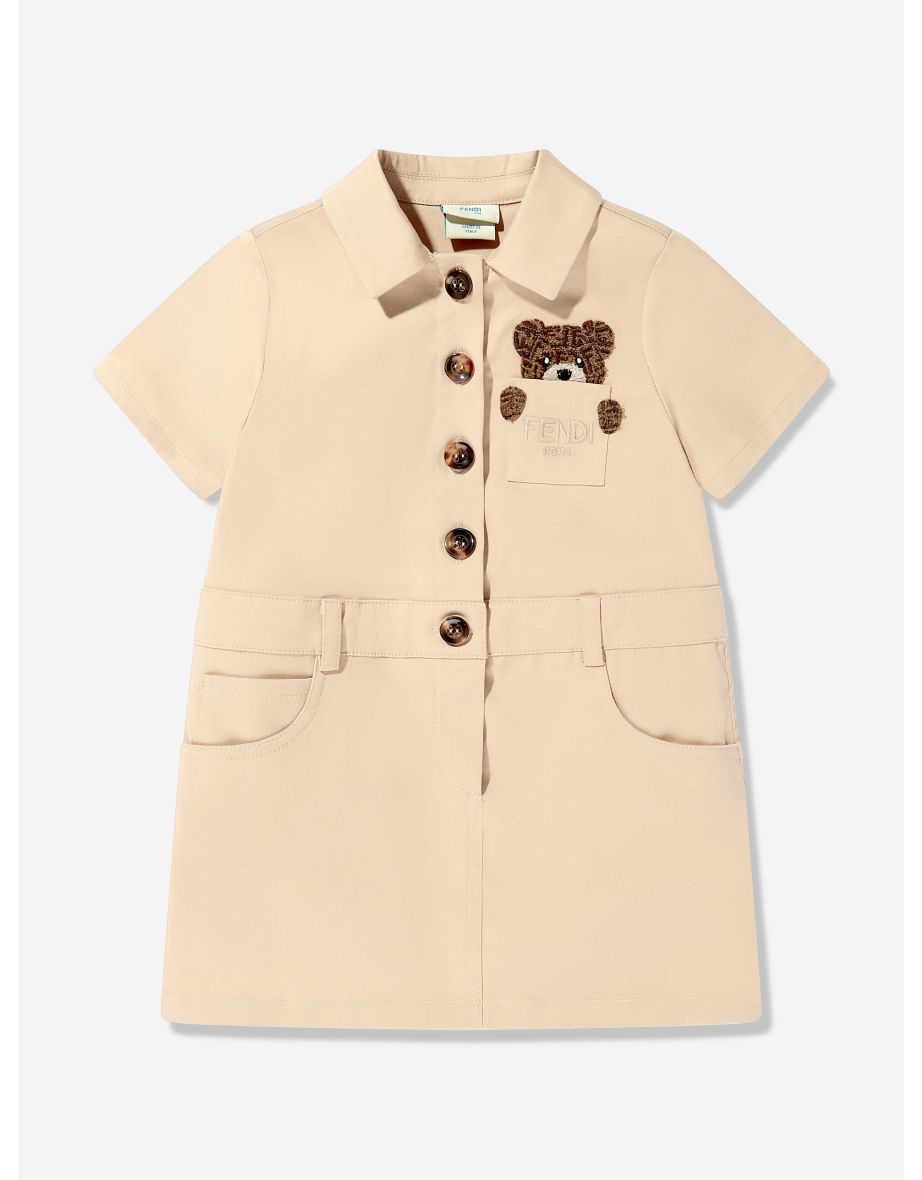 Fendi Baby Girls Bear Pocket Dress in Beige