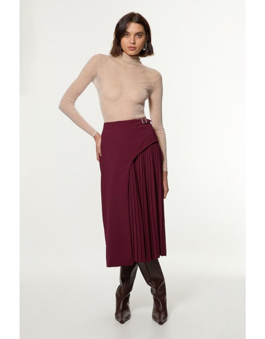 Tailored Buckle Detail Pleated Midi Skirt