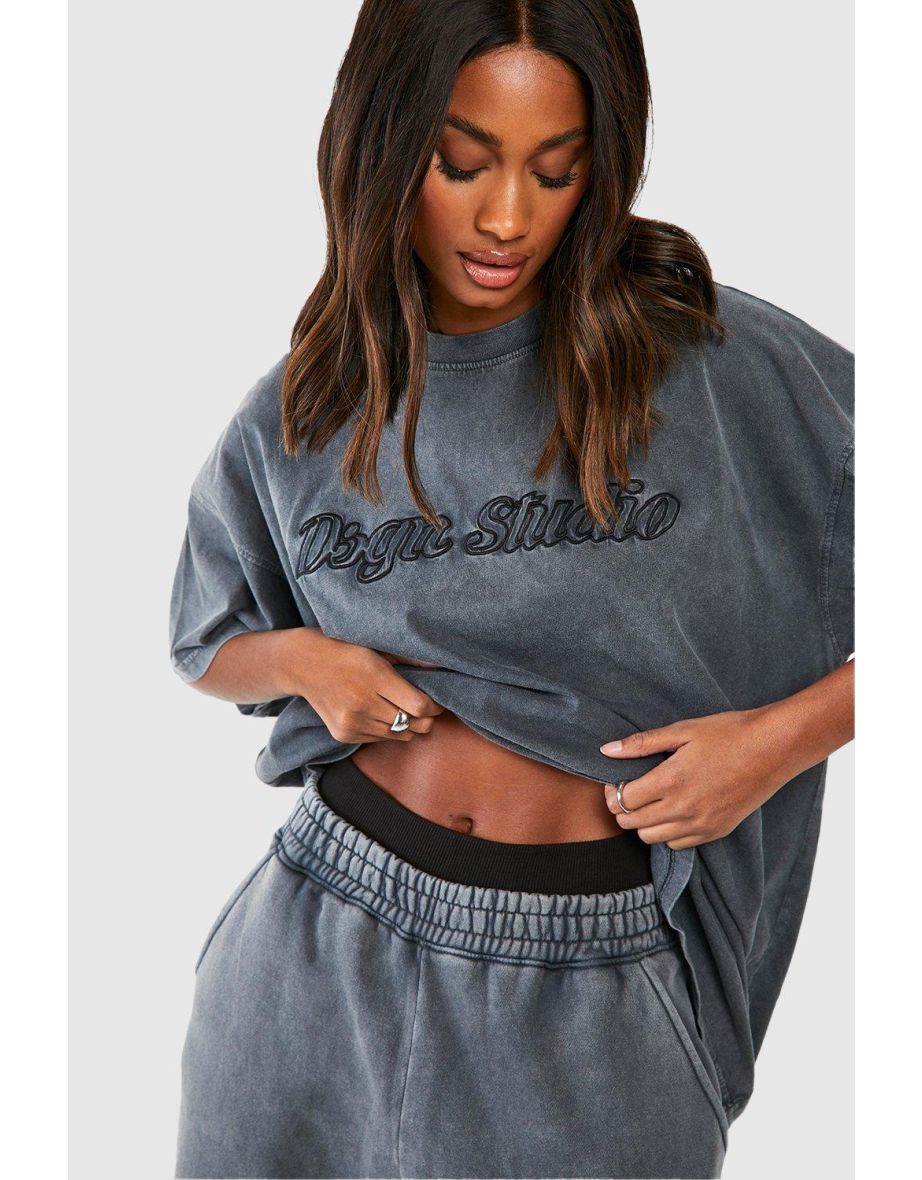 Dsgn Studio 3d Embroidered Acid Wash Oversized T-shirt - charcoal - 3