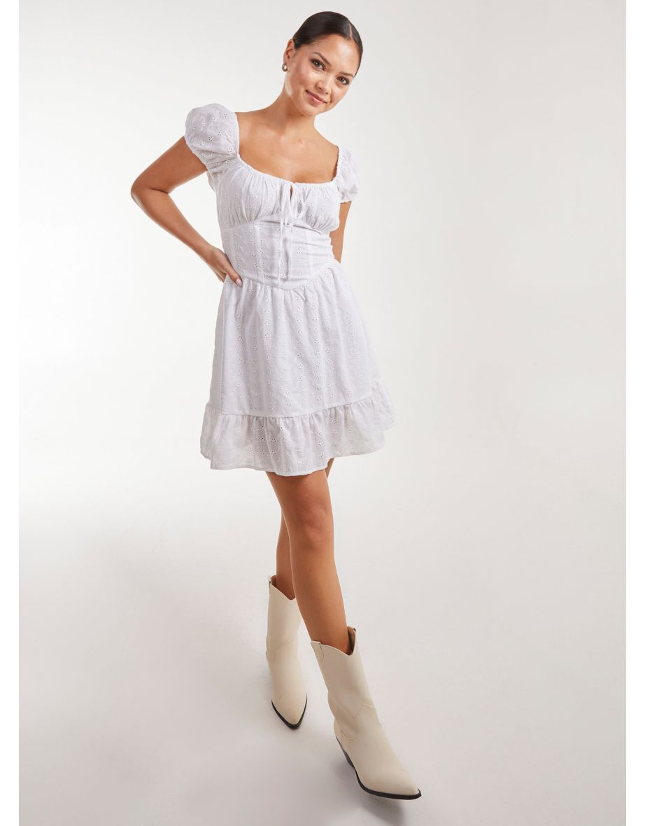 Broderie Puff Sleeve Corset Mini Dress