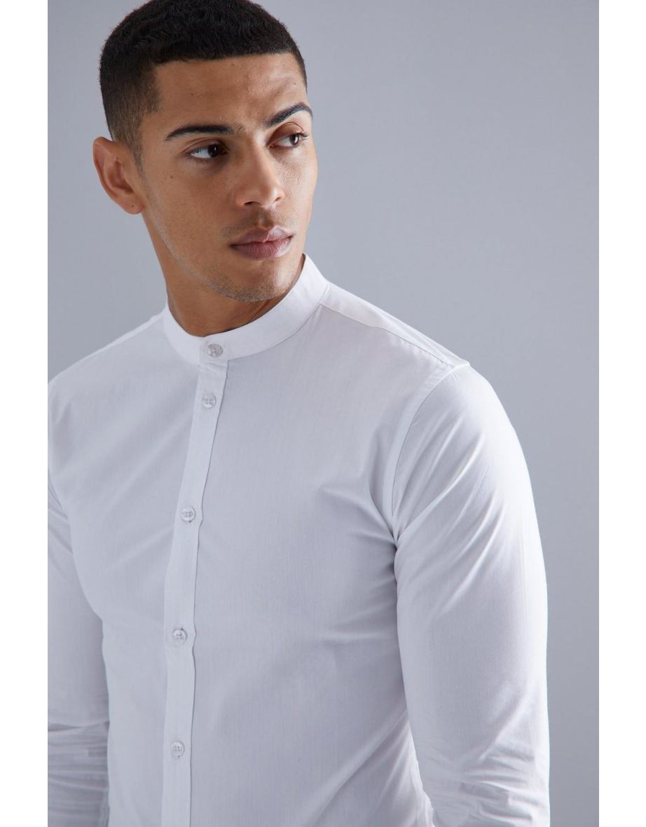 Long Sleeve Grandad Collar Shirt - white - 2