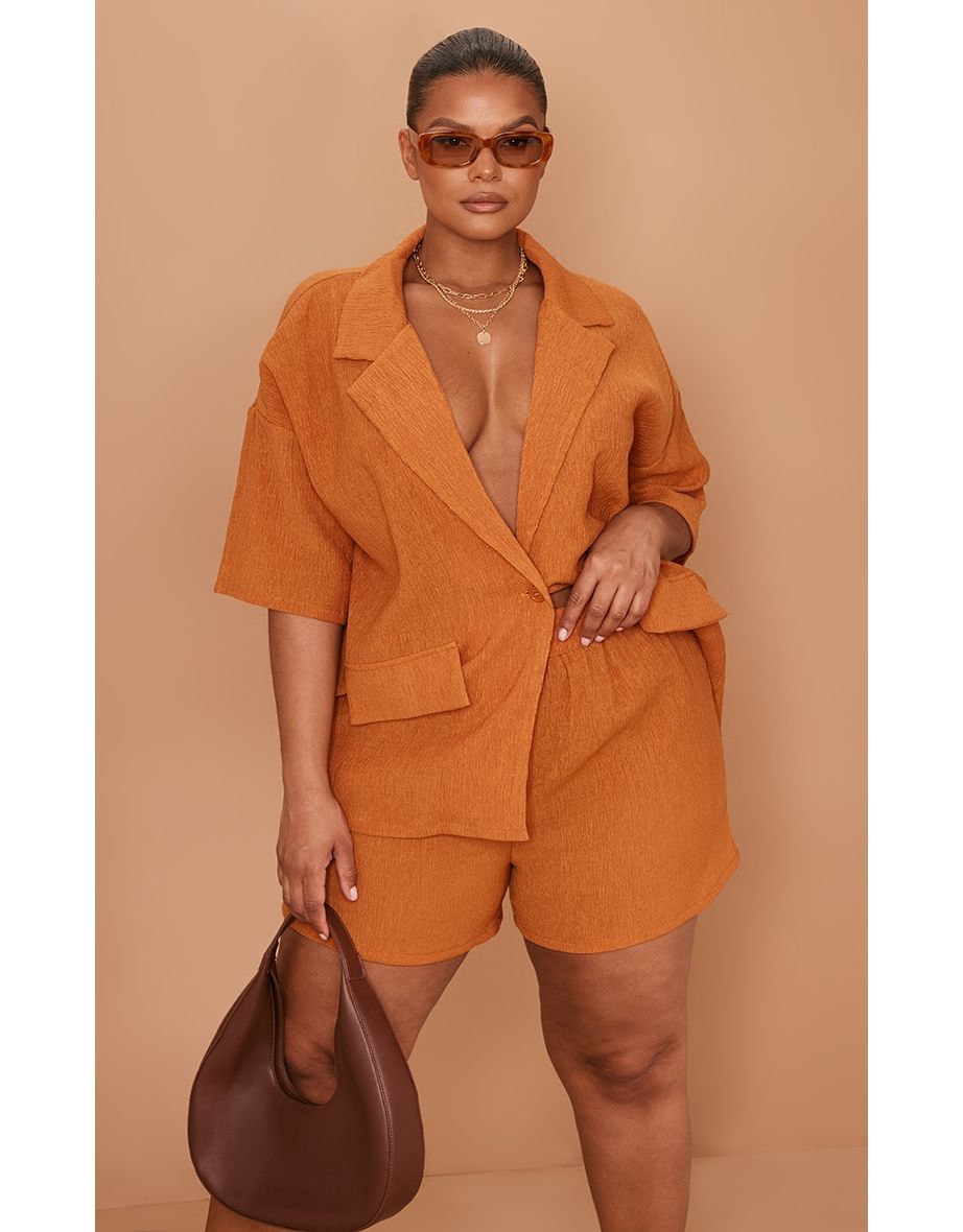 Plus Rust Textured Linen Tie Waist Short Sleeve Shirt