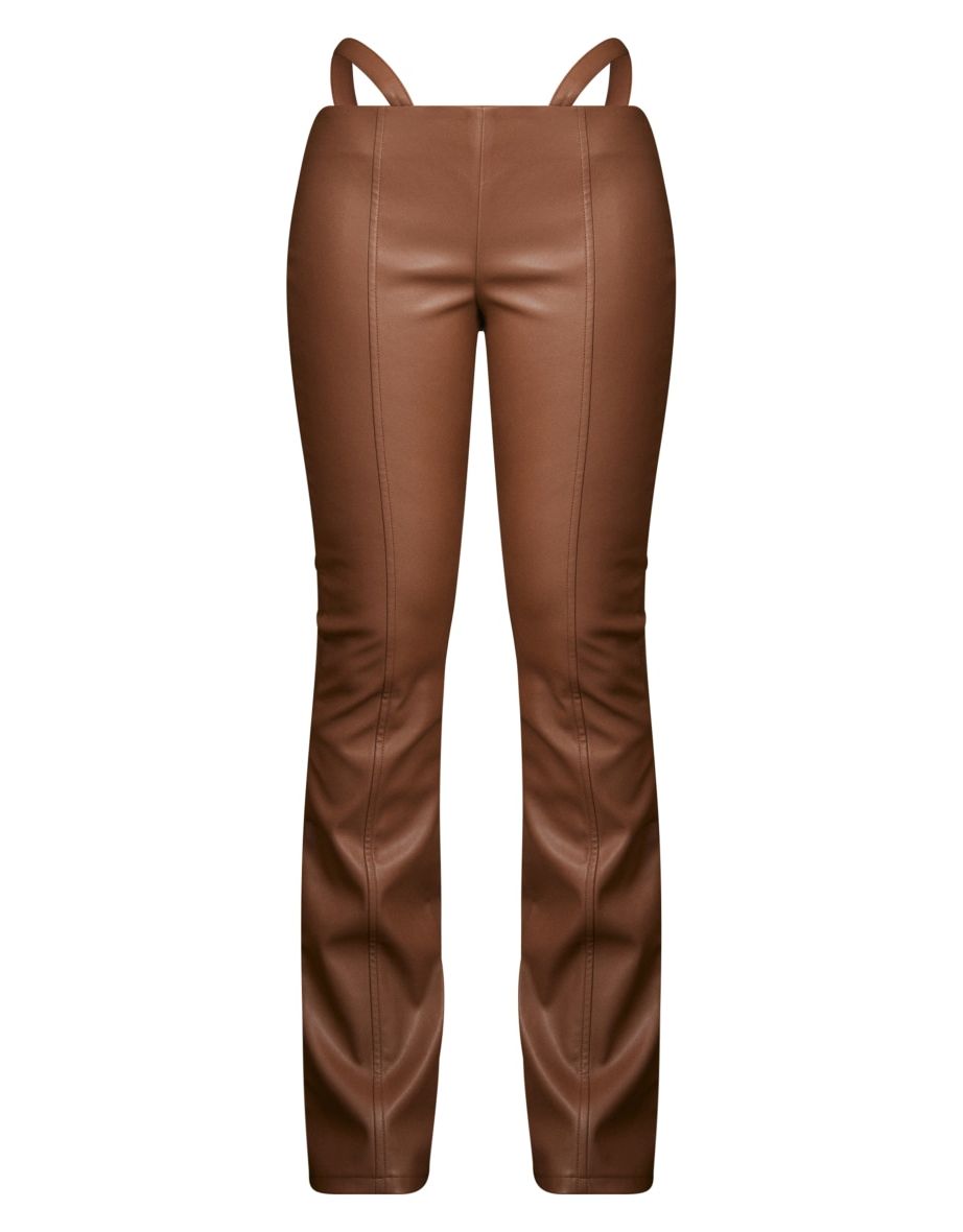 Chocolate Brown Faux Leather Cut Out Low Waist Flares - 4