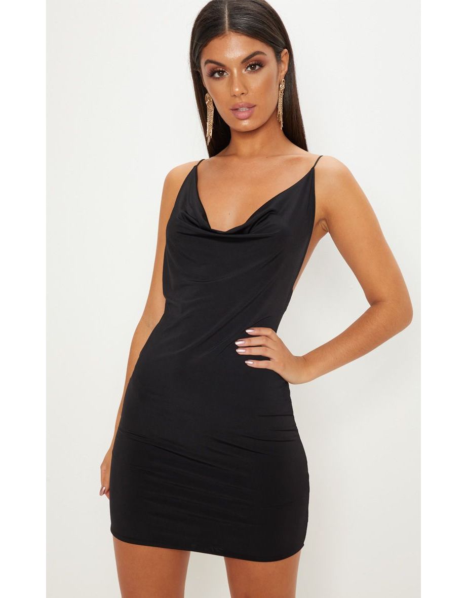Black Slinky Cowl Neck Scoop Back Ruched Bodycon Dress