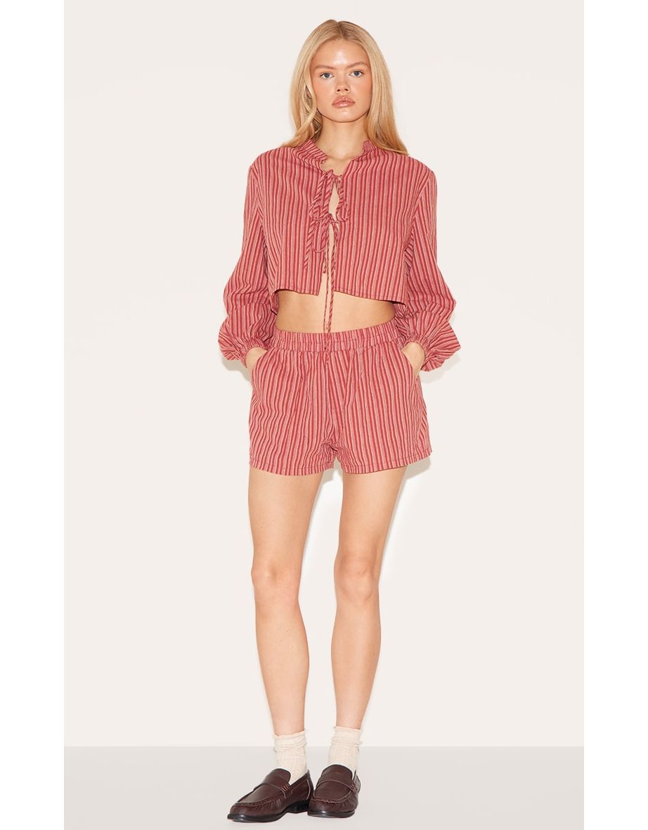 Red Striped Linen Cropped Shirt