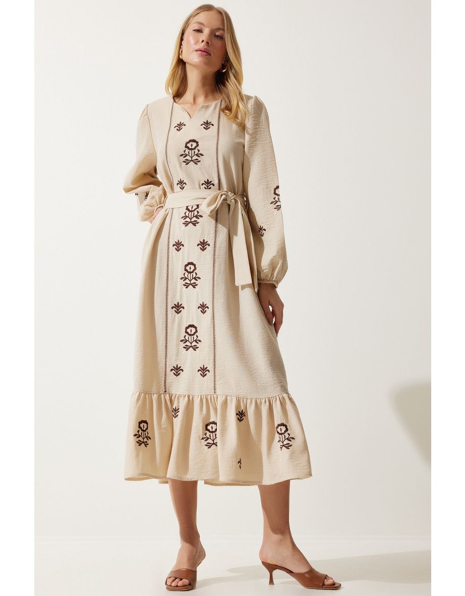 Women's Beige Embroidered Linen Surface Long Woven Dress