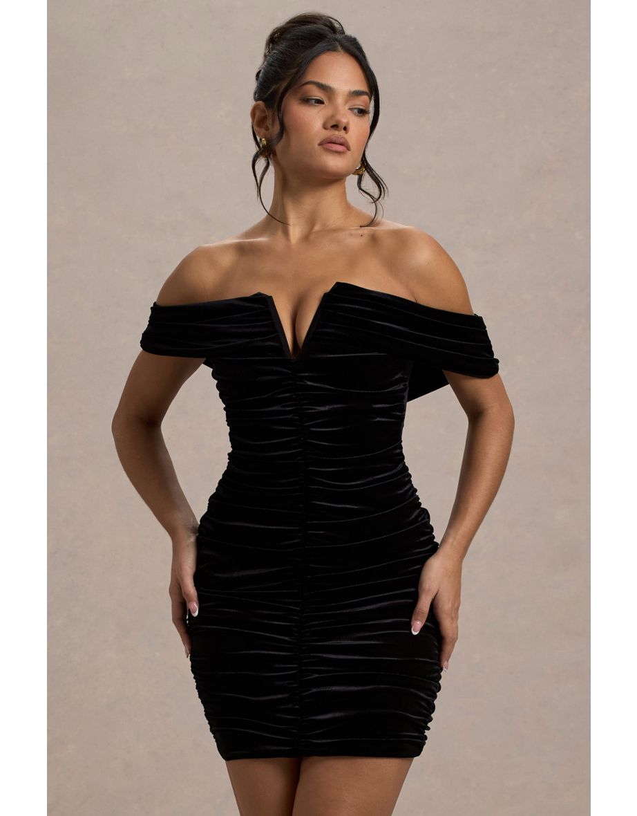 Little Glint | Black Velvet Ruched Bardot V-Neck Mini Dress