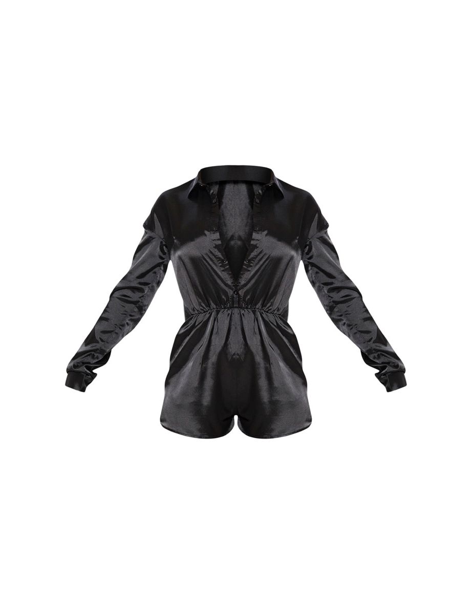 Black Satin Shirt Playsuit