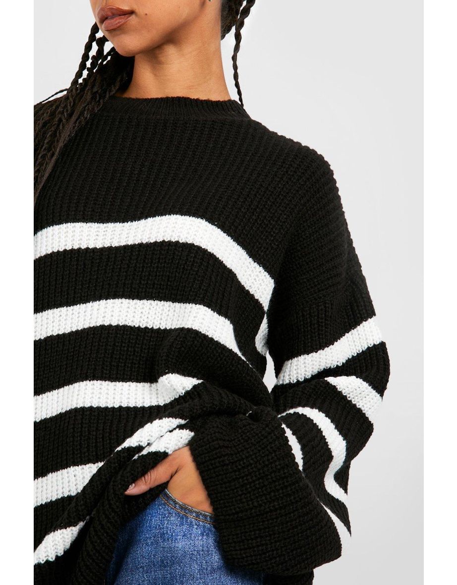 Tall High Neck Wide Sleeve Striped Jumper - black - 3