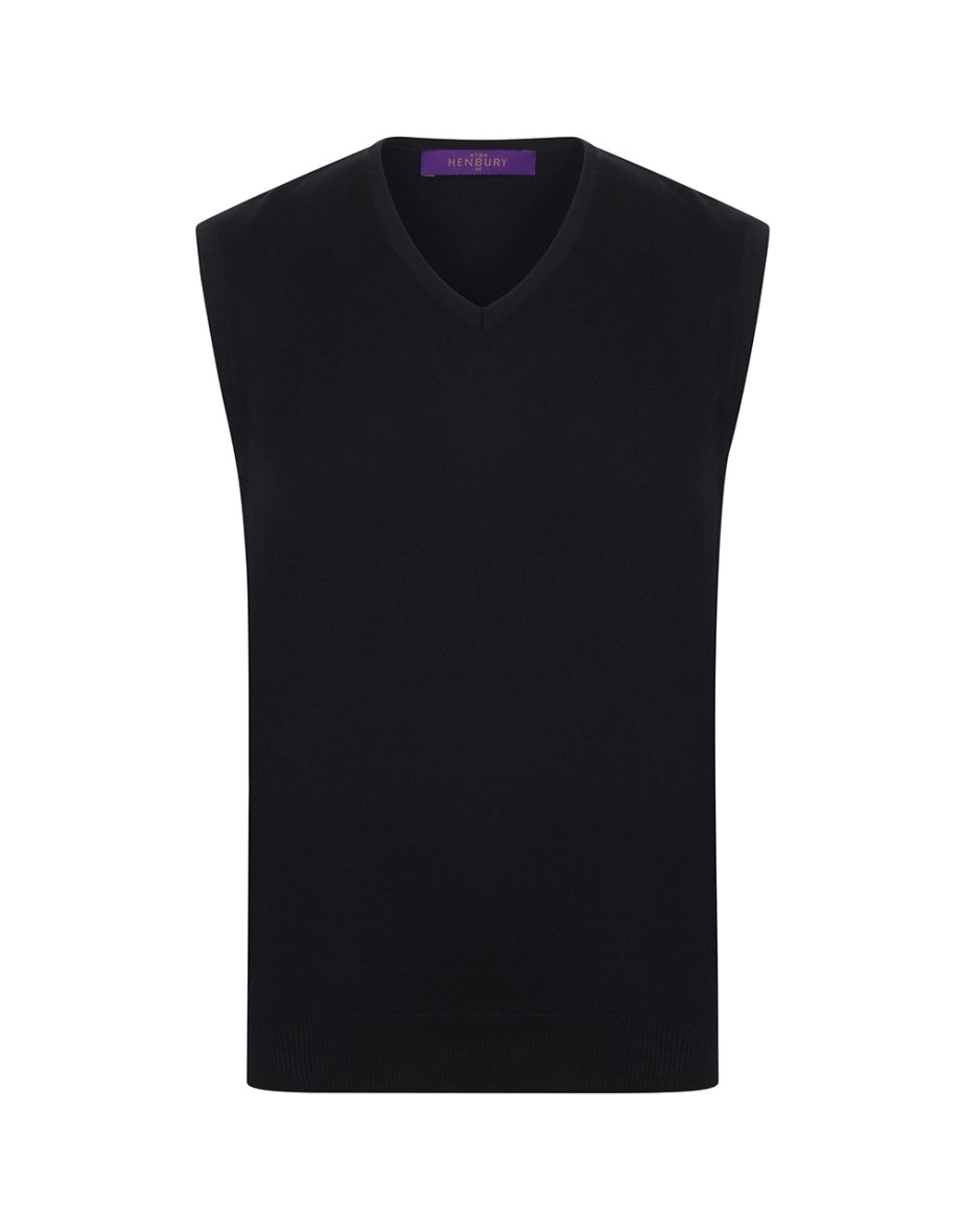 Henbury Mens Sleeveless 12 Gauge V-Neck Fine Knit Jumper - Black
