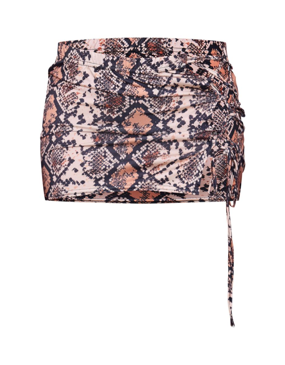 Snake Printed Lace Up Detail Slinky Jersey Low Rise Micro Mini Skirt - 5