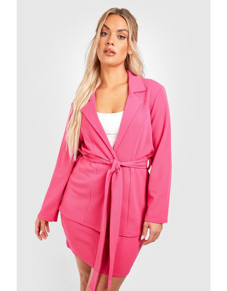Plus Basic Jersey Tie Waist Blazer - hot pink
