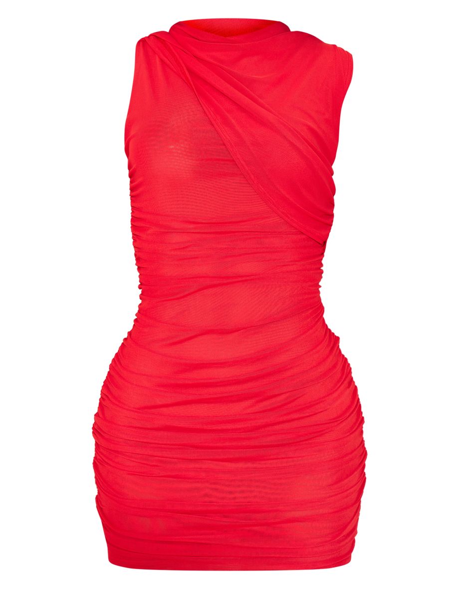 Red Mesh High Neck One Shoulder Mini Dress - 4