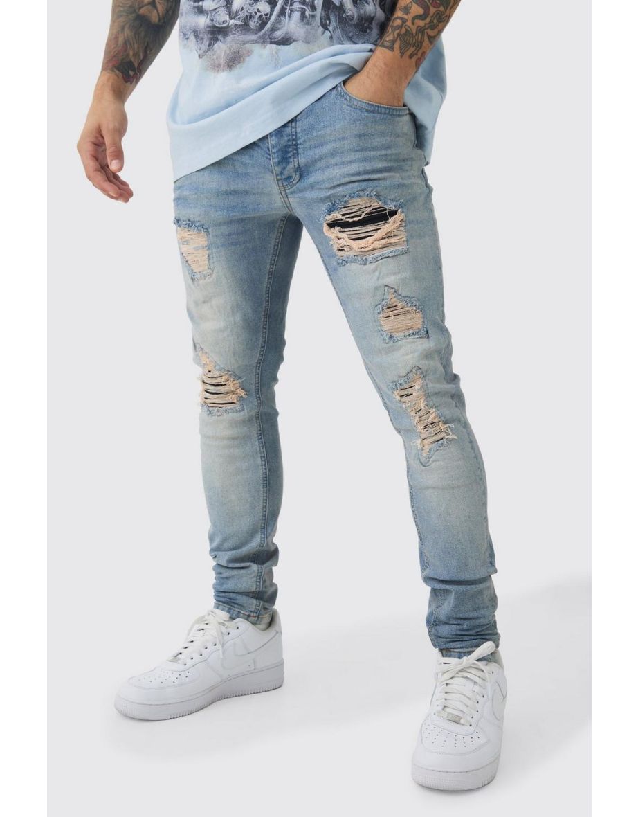 Skinny Stretch Black Pu Biker Rip & Repair Jeans - antique blue