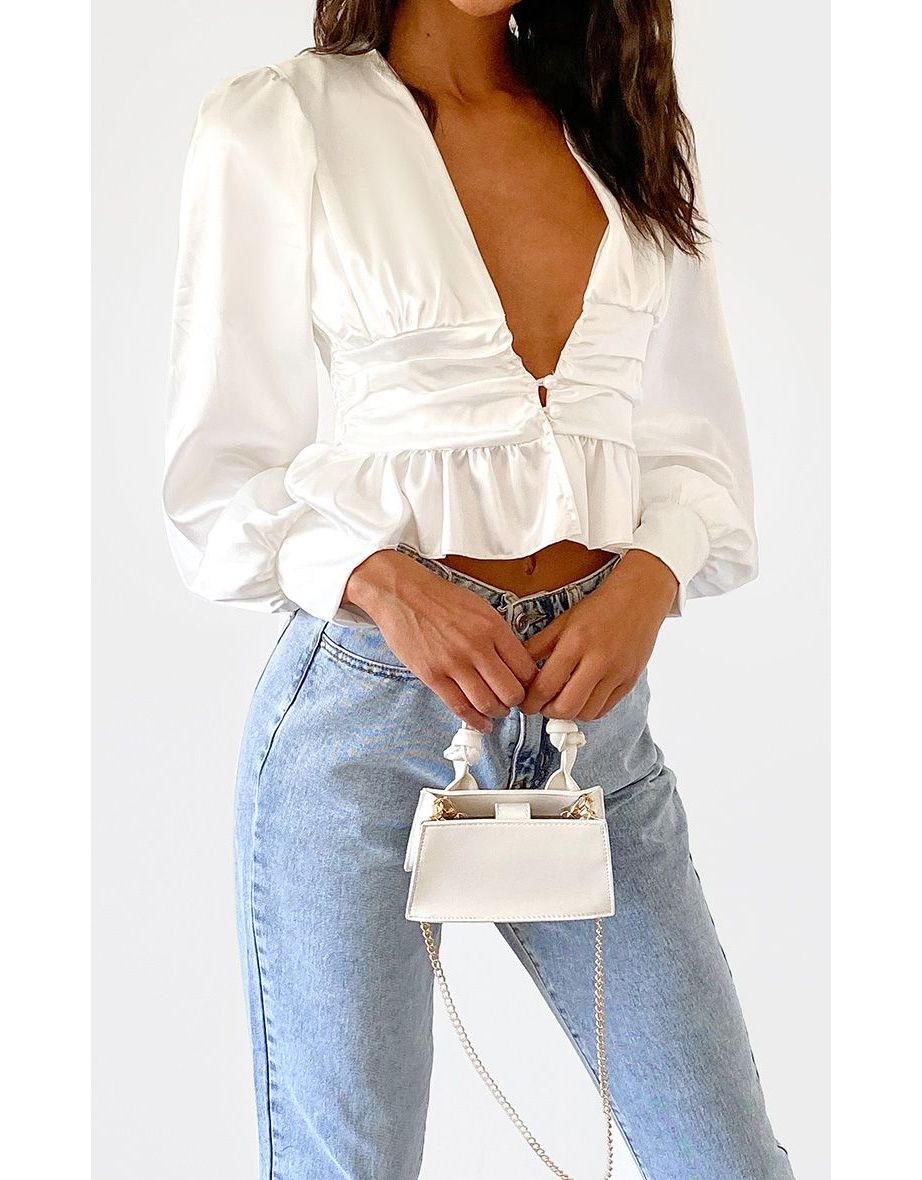White Satin Ruched Button Waist Blouse - 3