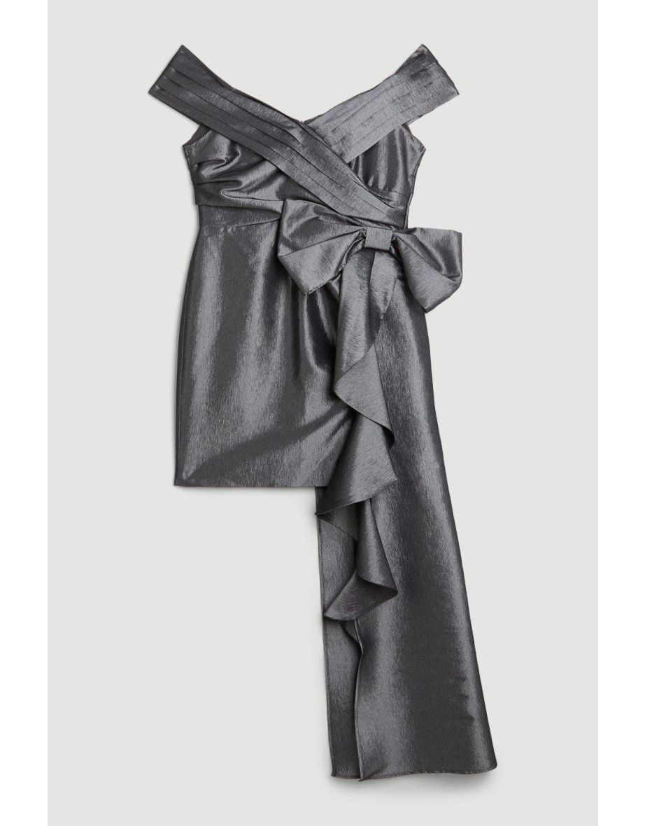 Tailored Off Shoulder Metallic Bow Drape Detail Mini Dress - 3