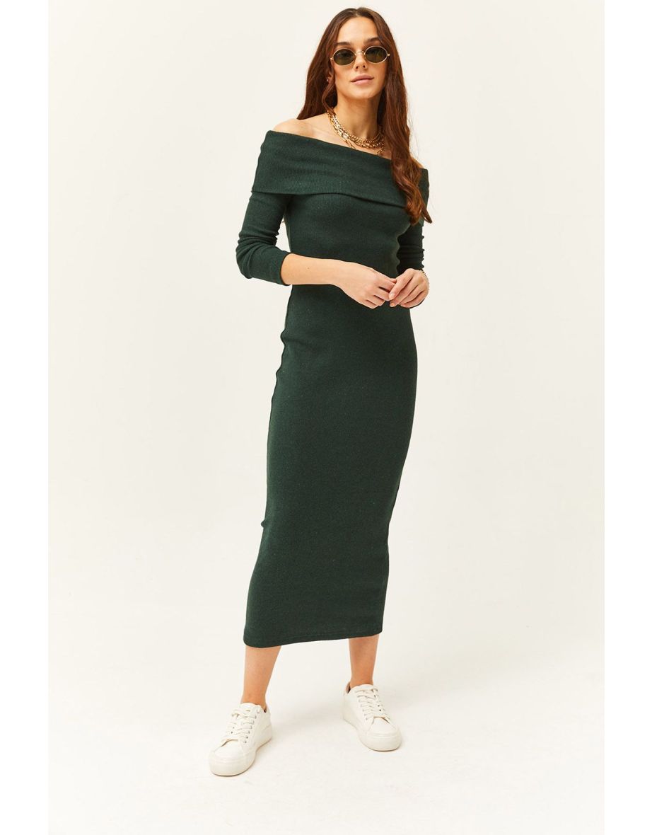 Women's Emerald Green Madonna Collar Lycra Long Dress