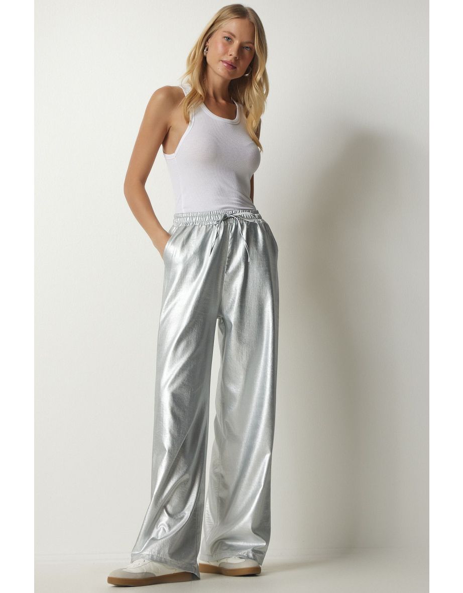 Women's Metallic Gray Pocket Shiny Palazzo Trousers