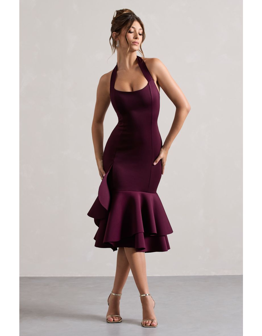Arla | Plum Halter-Neck Ruffle Trim Midi Dress