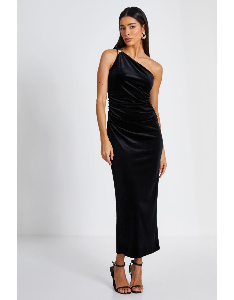 Black Velvet One Shoulder Midaxi Dress