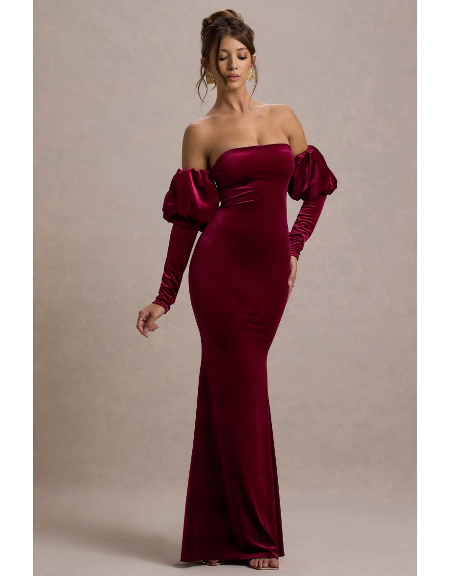 Neoma | Berry Velvet Bardot Puff-Sleeve Maxi Dress