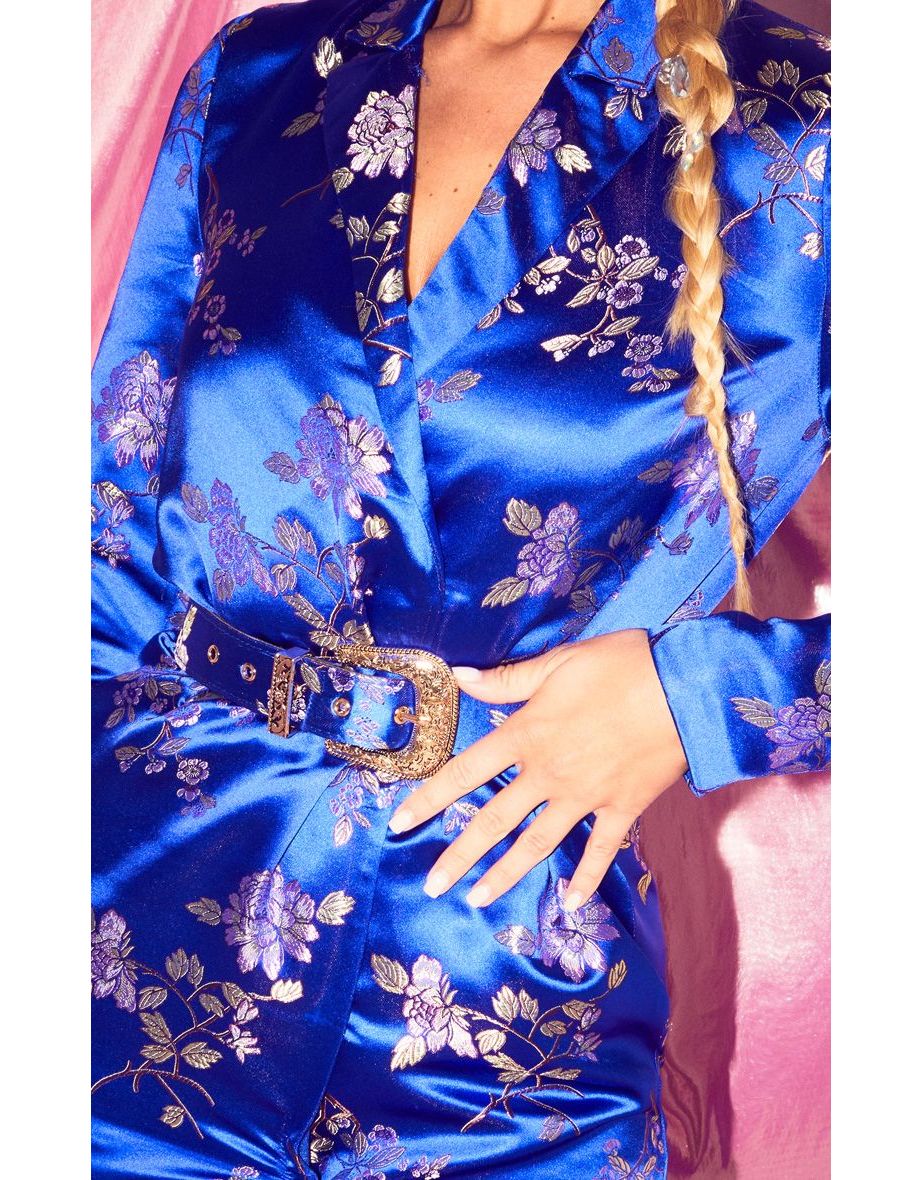 Cobalt Floral Jacquard Long Sleeve Belt Detail Blazer Dress - 4