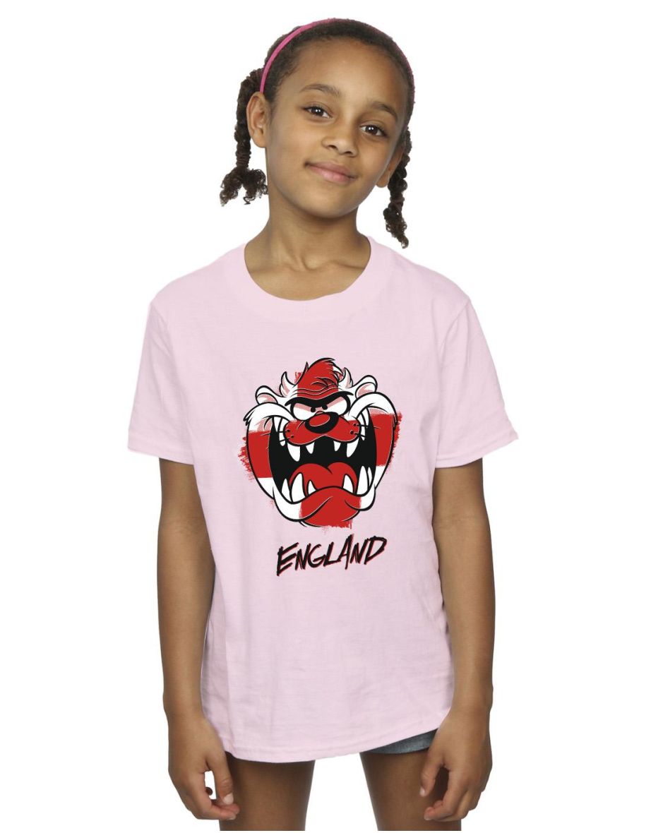 Looney Tunes Girls Taz England Face Cotton T-Shirt - Baby Pink
