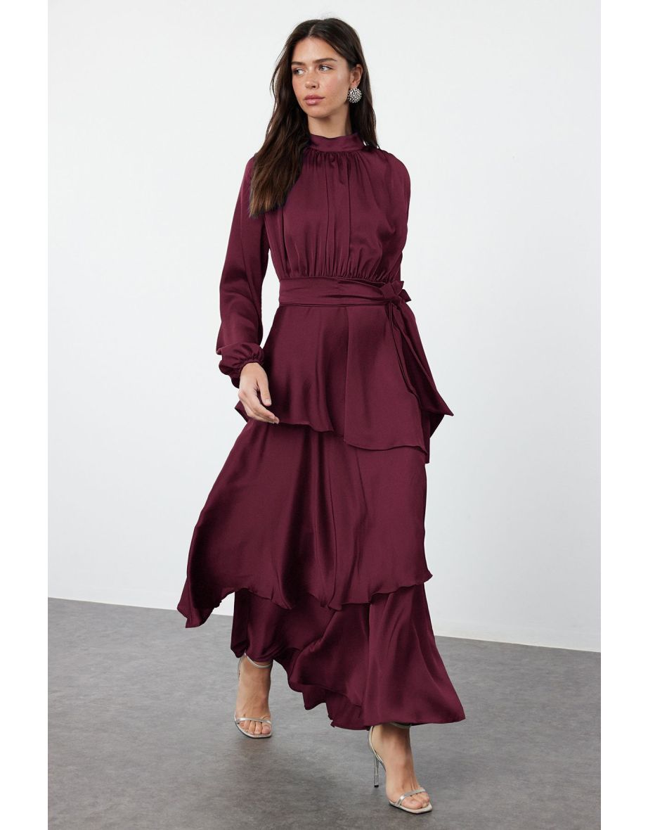 Brown Skirt Tiered Satin Woven Evening Dress/Night Dress