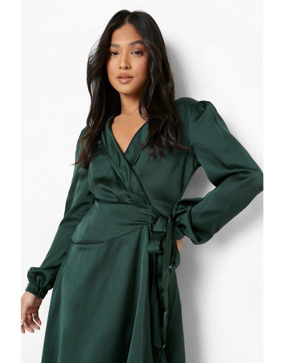 Petite Satin Wrap Detail Midi Skater Dress - emerald - 3