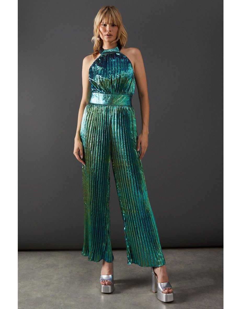 Lame Metallic High Neck Pleated Jumpsuit