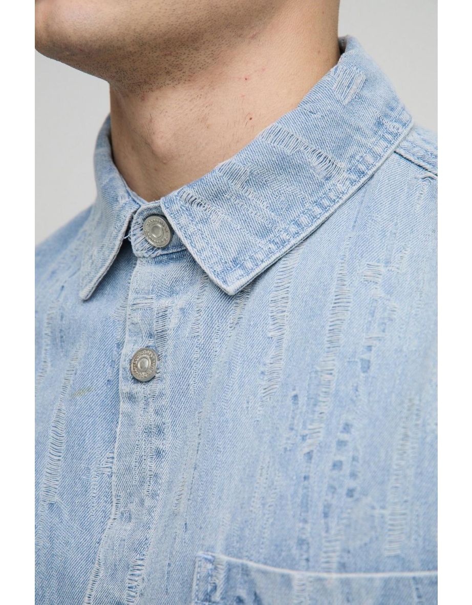 Boxy Collared Distressed Denim Shirt - 2