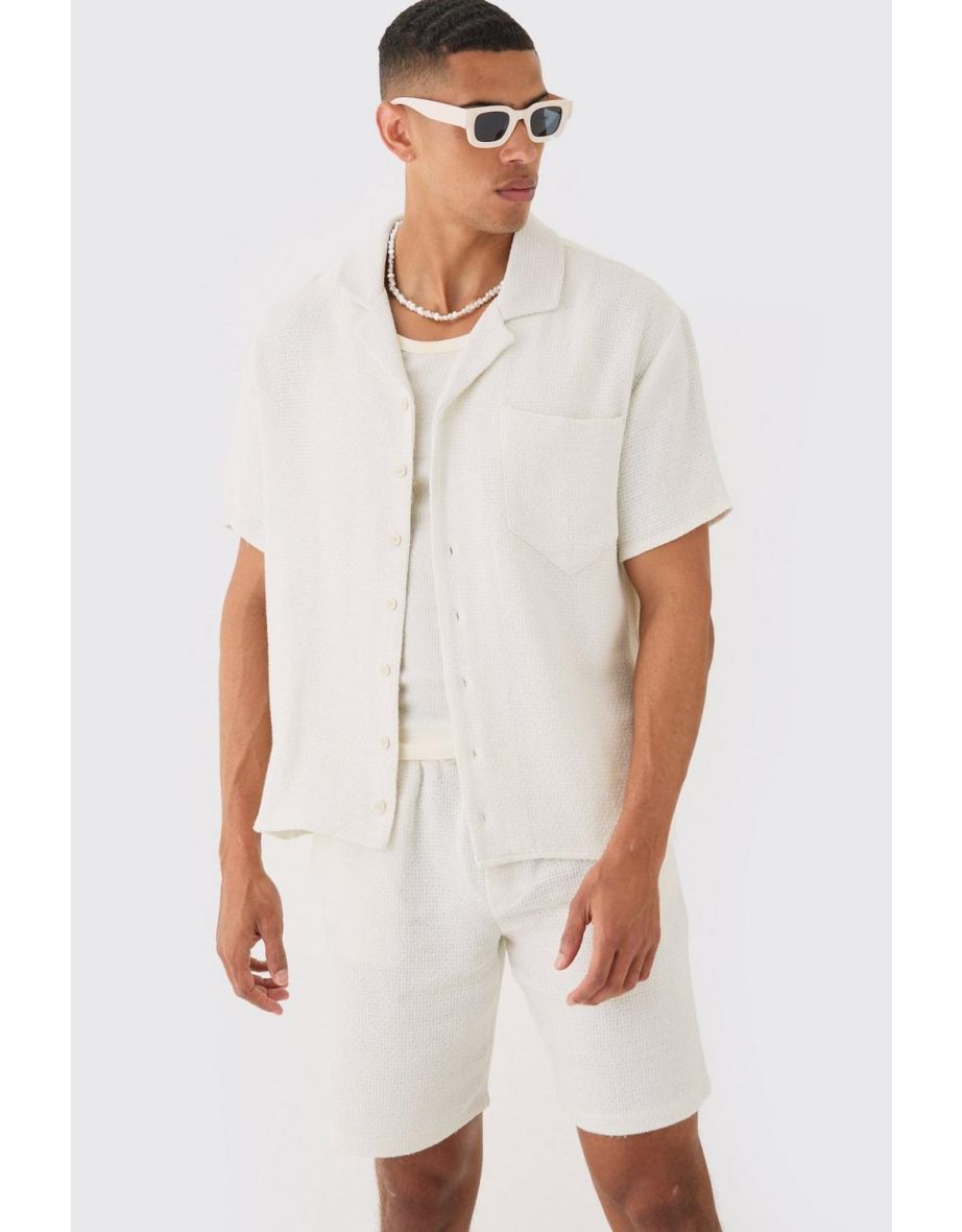 Boxy Short Sleeve Open Weave Shirt & Short Set - ecru - 2
