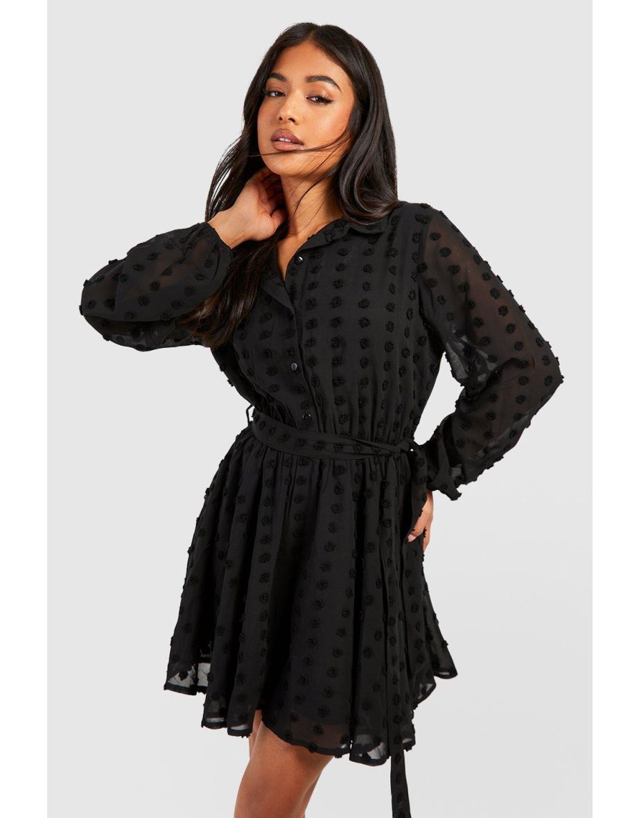 Black Petite Chiffon A-Line Mini Shirt Dress with Long Sleeve
