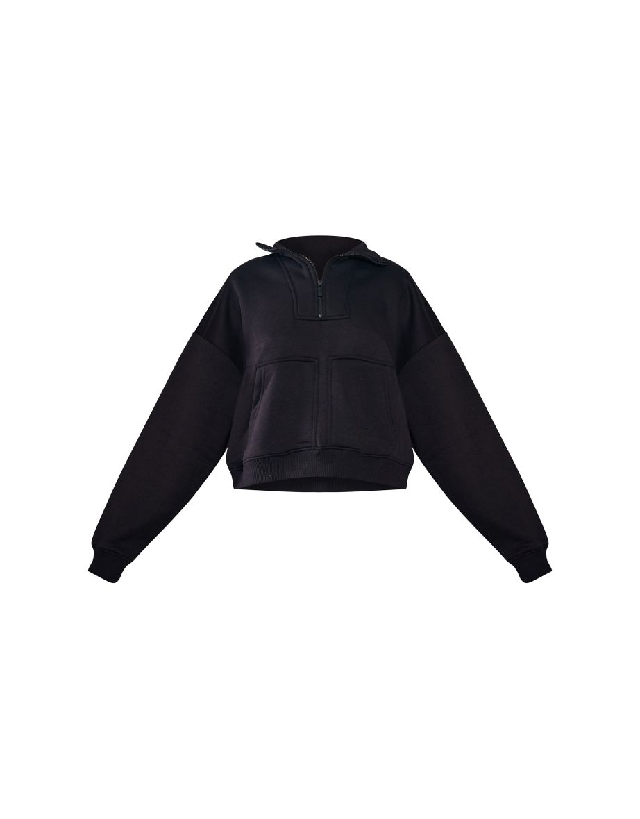 Black Half Zip Double Pocket Seam Detail Sweater - 4