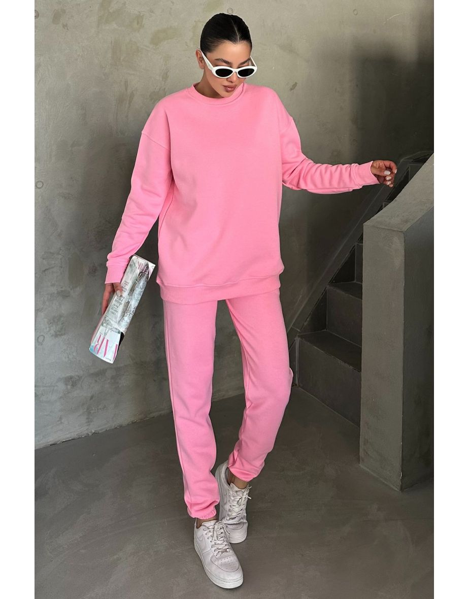 Pink Crew Neck Plain Oversize Bottom-Top Tracksuit Set - 6