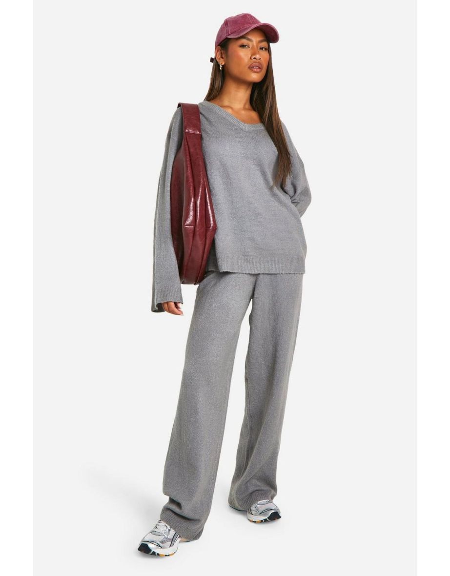 Soft Knit V Neck Wide Leg Knitted Co-ord - charcoal