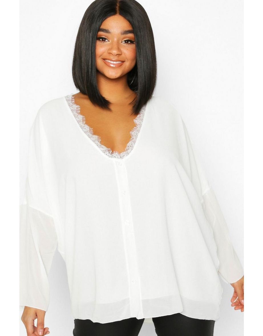 Plus Lace Trim Long Sleeve Blouse - ivory - 3