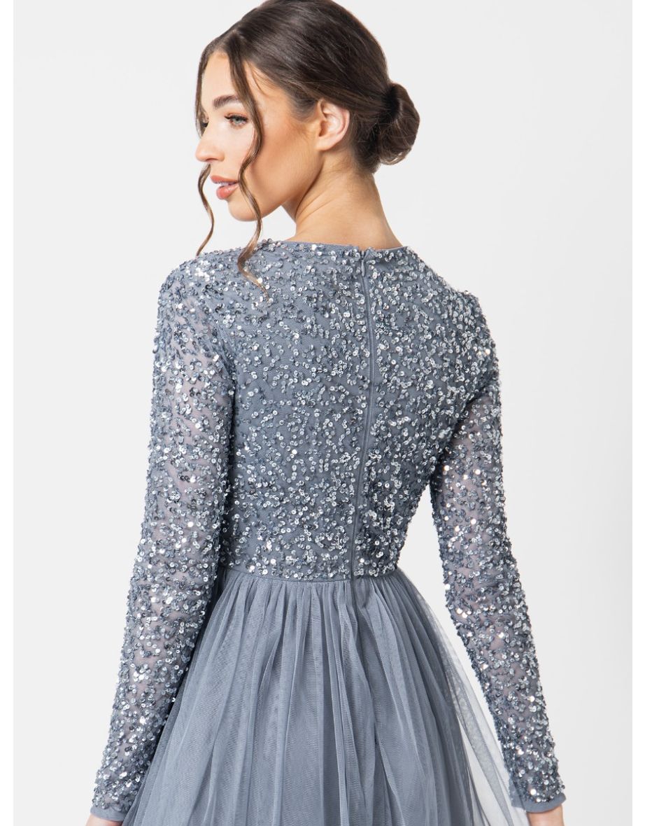 Maya Dusty Blue Embellished Long Sleeve Maxi Dress - 2