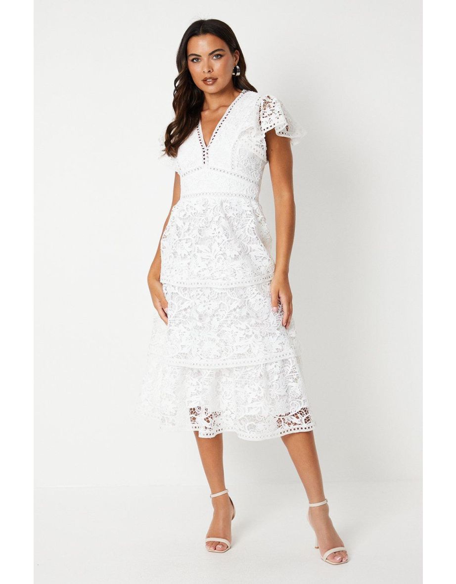 Tiered Lace Trim Detail Midi Dress - White