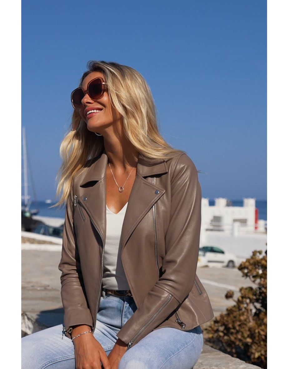 Taupe Leather Biker Jacket - 4
