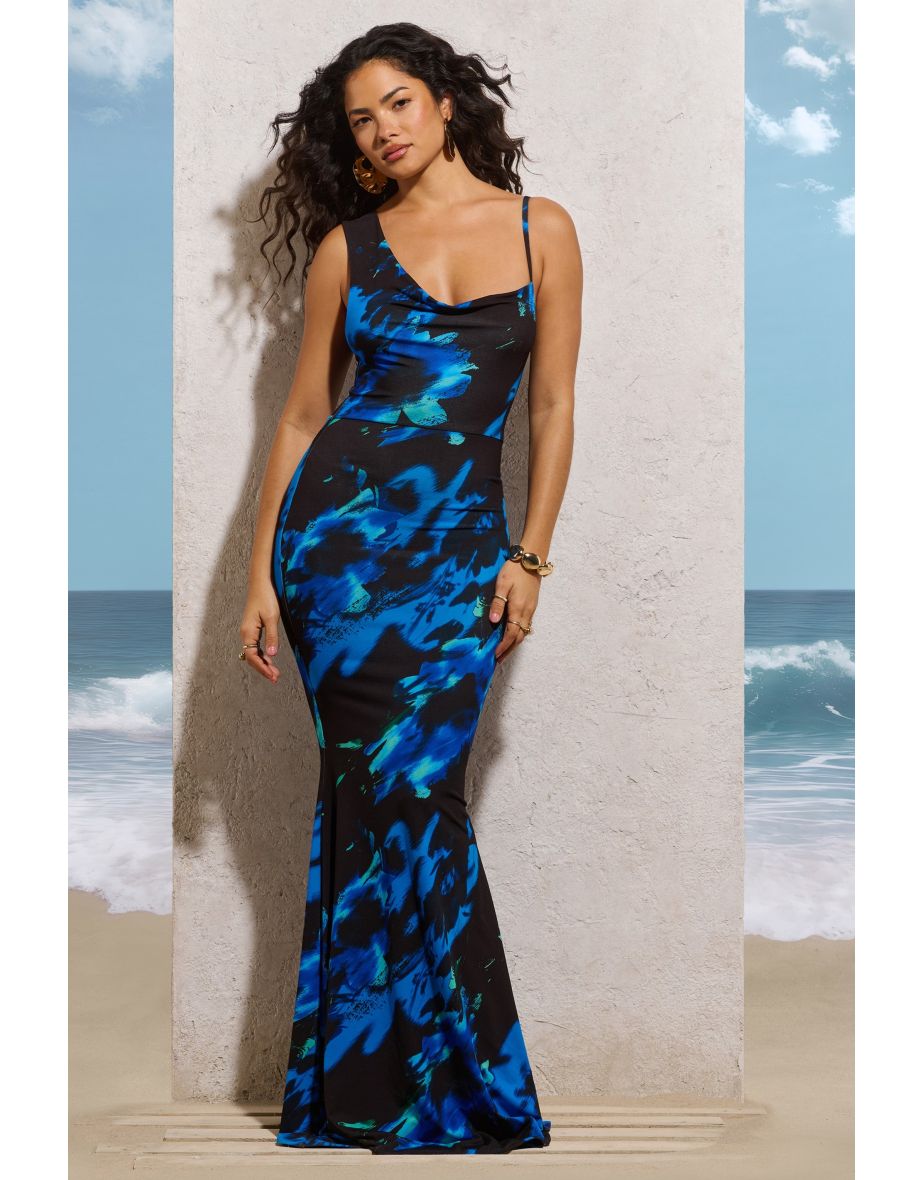 Phantasy | Navy Floral Print Asymmetric Neckline Cowl Maxi Dress