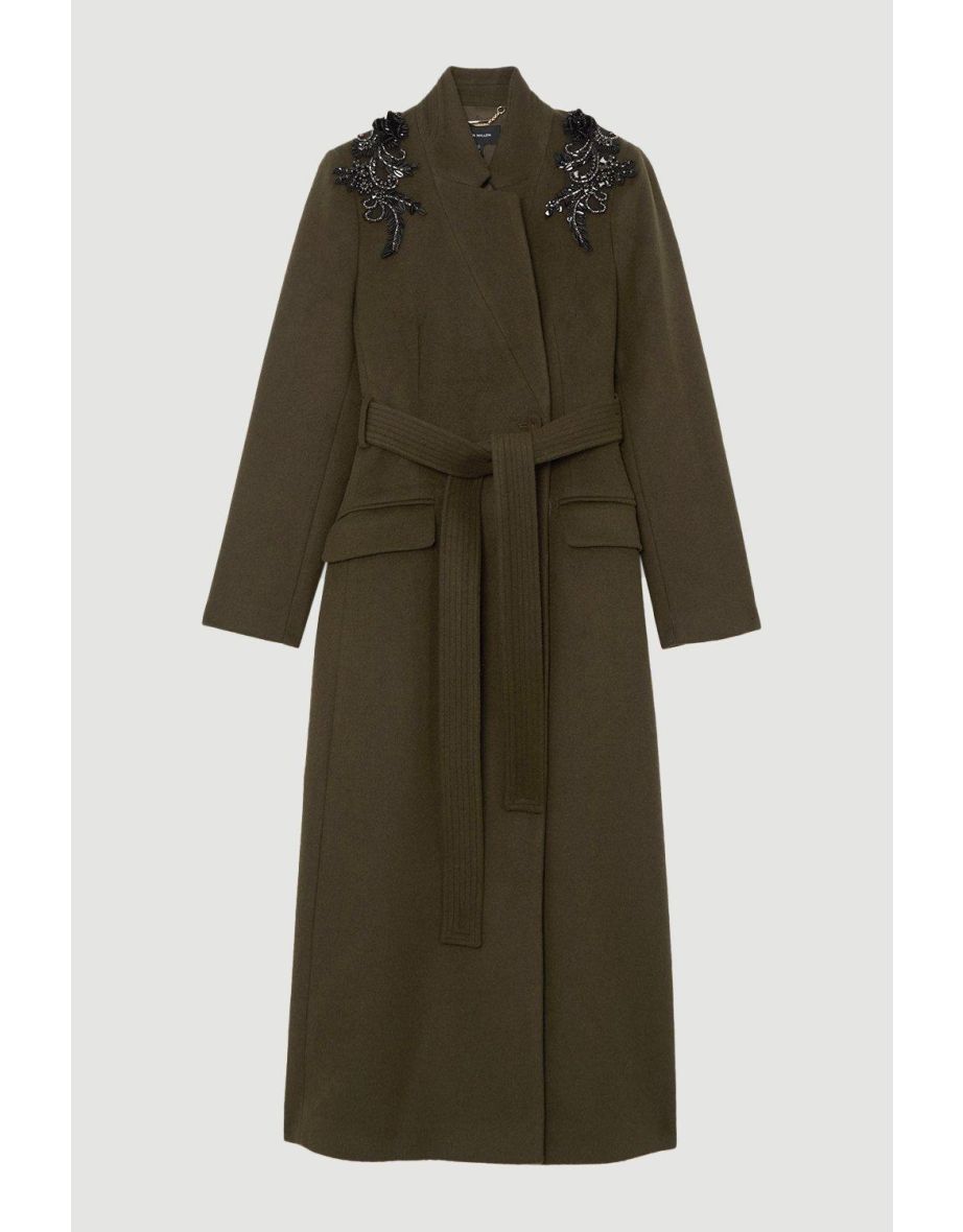 Wool Blend Embellished Belted Tailored Longline Coat - 3
