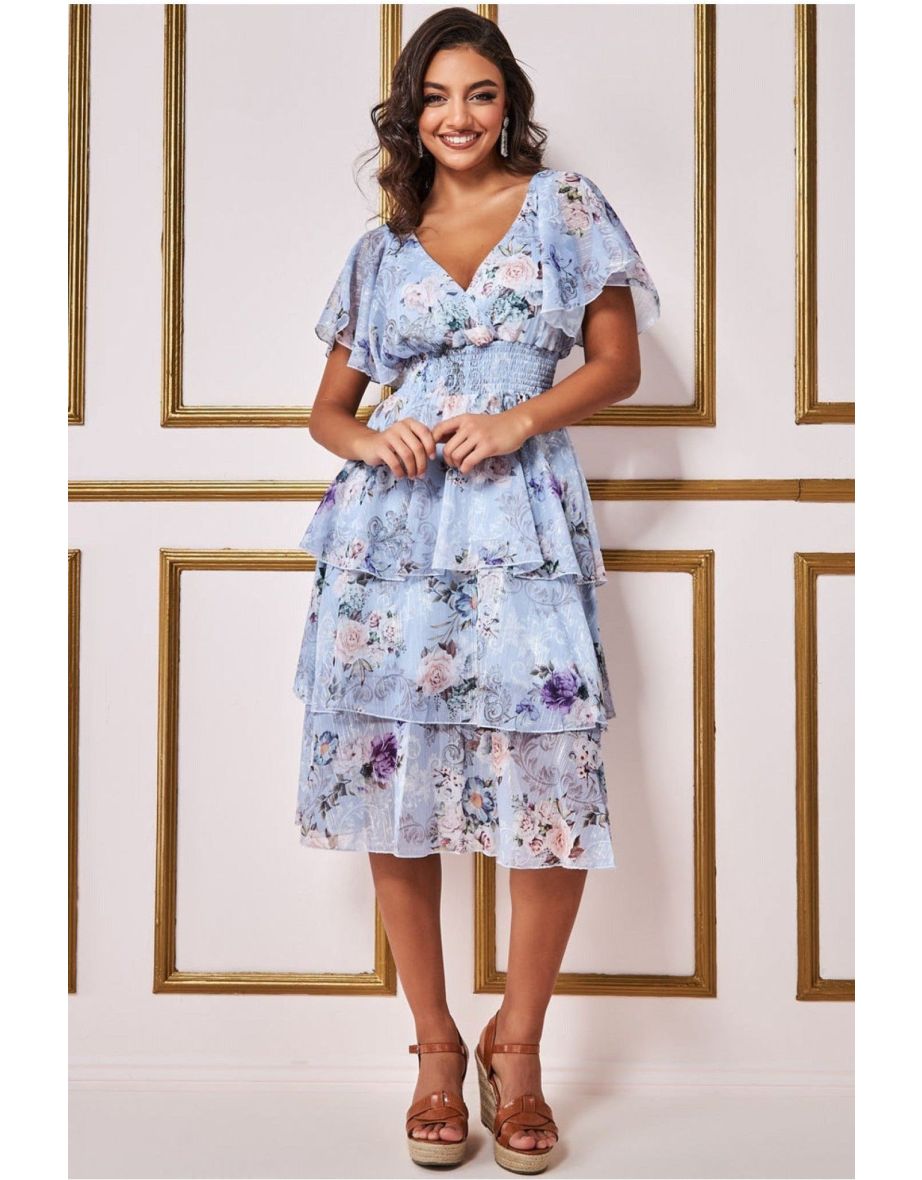 Goddiva Layered Floral Midi Flutter Sleeves - Bluefloral