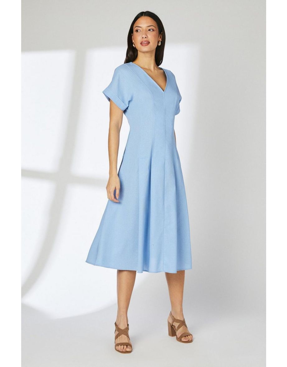 Blue Linen Blend Pleat Detail Midi Dress