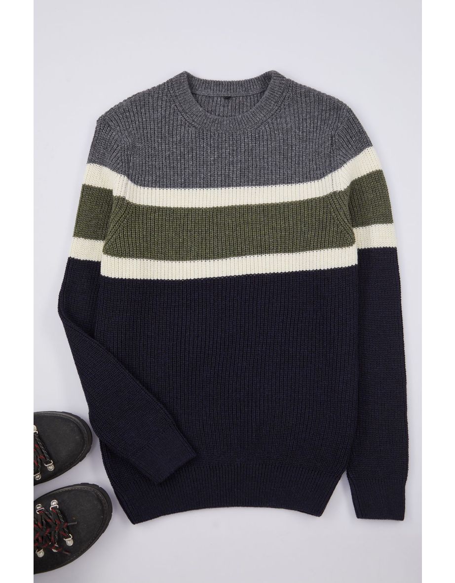 Anthracite Slim Fit Crew Neck Panelled Knitwear Sweater