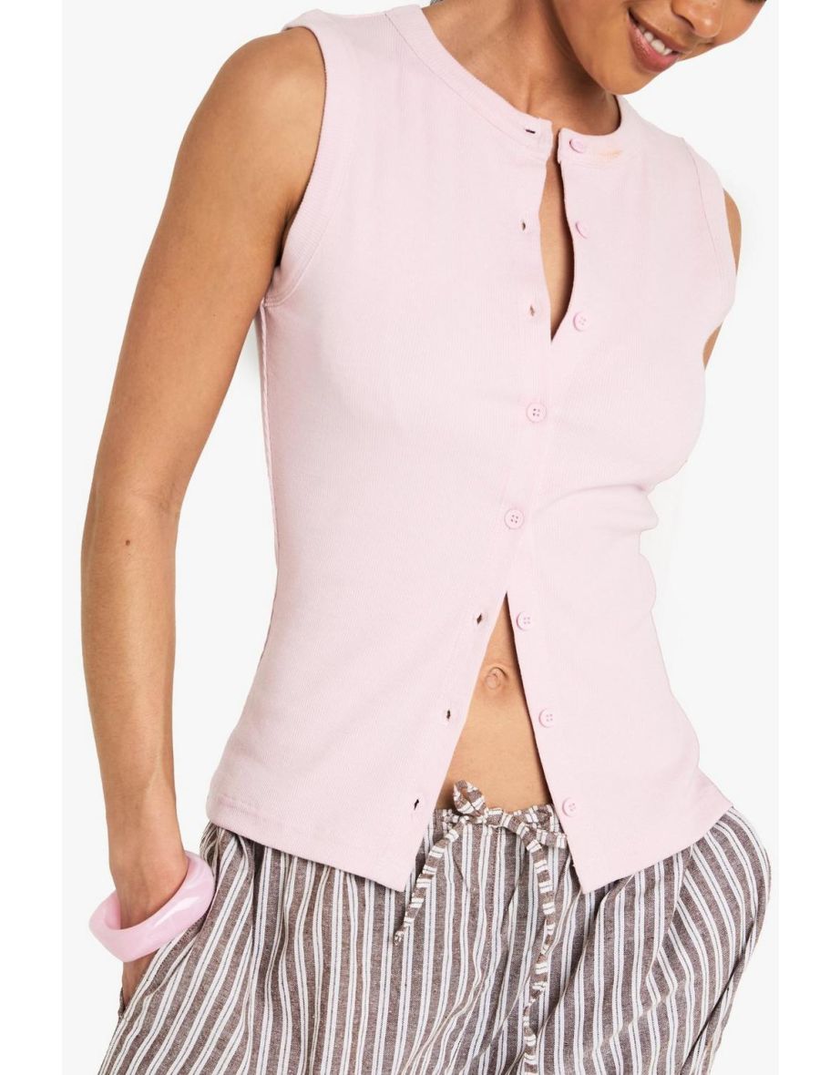 Ribbed Button Front Longline Top - pink - 3